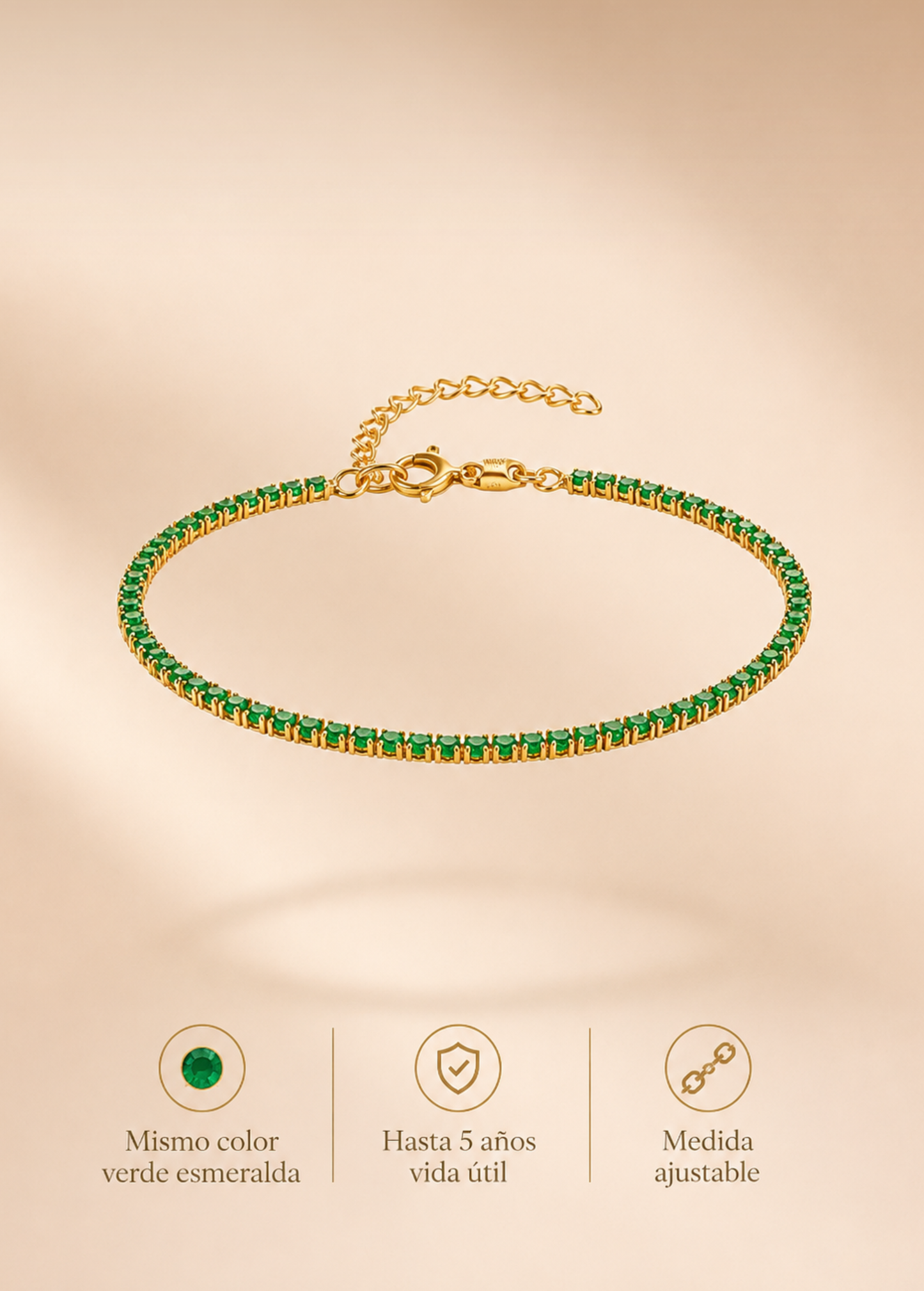Pulsera Tennis Verde Esmeralda 17 cm + extensor 3 cm